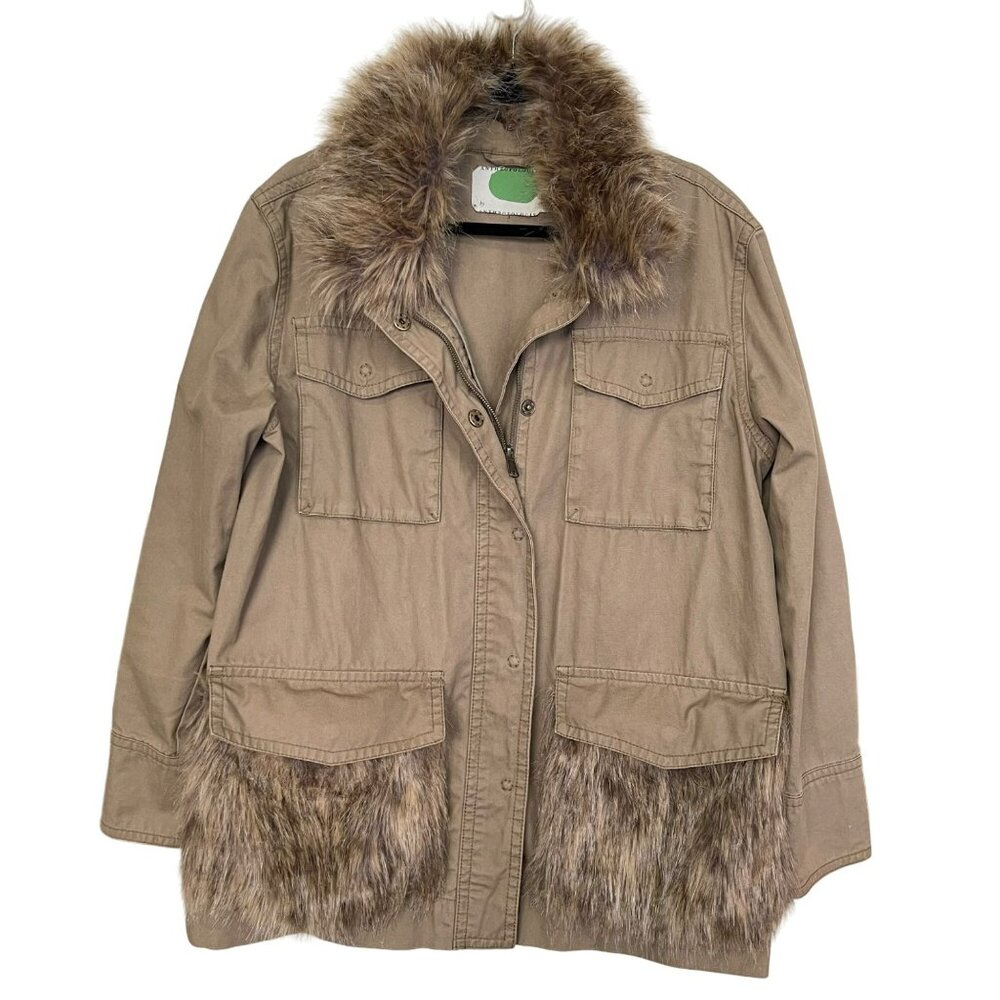Anthropologie Fur-Trimmed Khaki Military Jacket Olive Green Large